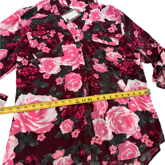 New York & Company Floral Pink Burgundy Roll Tab Sleeve Floral Button Down XL - Picture 14 of 17